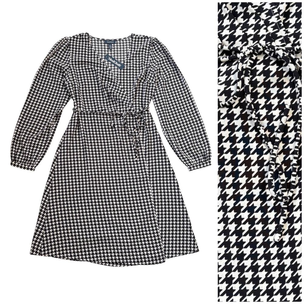 ModCloth Wrap Dress NWT Women M Black White Houndstooth Long Sleeve Retro Work